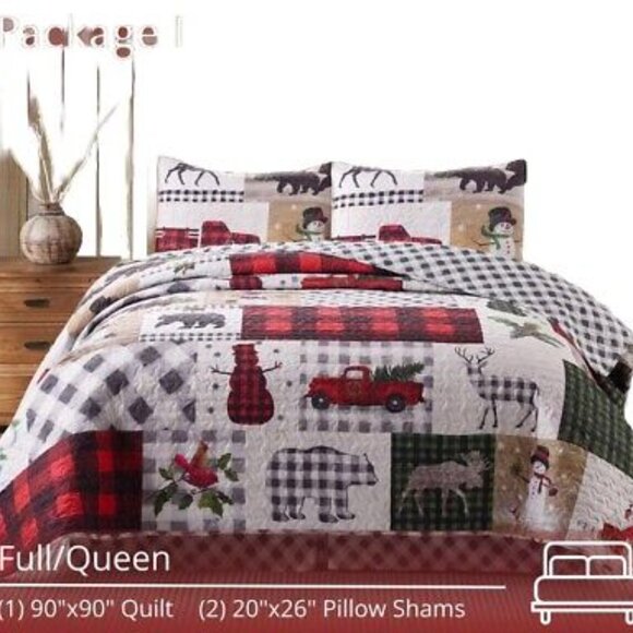 Country Lodge Patchwork 3pc F/Q or King Quilt set Christmas Winter Themed - Picture 3 of 4
